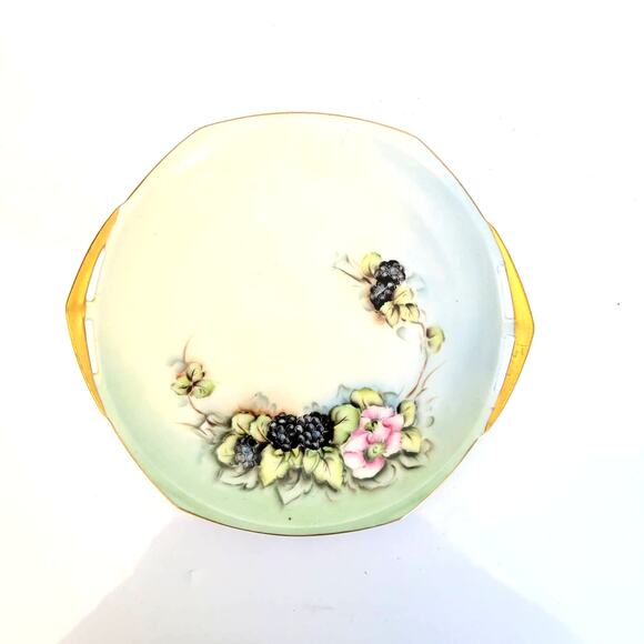 Vintage M Z Austria Painted Trinket Plate Black Berry Flowers Leaves Gold Accent - Picture 11 of 11